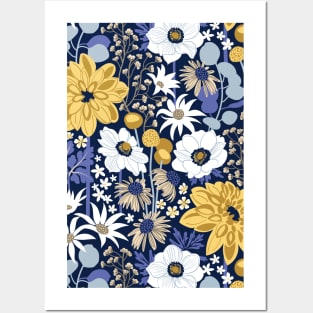 Boho garden // pattern // oxford navy blue background background very peri pastel blue yellow ivory and white flowers Posters and Art